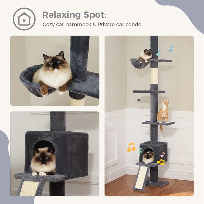 PEQULTI Floor to Ceiling Cat Tree, Tall Cat Tower, Adjustable Height (83''-108'') 5 Levels Climbing Tree for Indoor Cats with Cat Condo, Cozy Hammock and Scratching Post, Smoky Grey