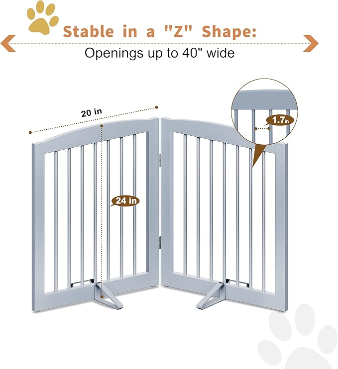 Freestanding Pet Gate for Dogs, Foldable Wooden Dog Gate for House, Indoor Pet Barrier for Stairs, Doorways, Support Feet Included, 24" Height 2 Panels, Grey