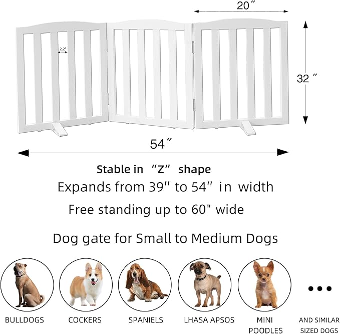 ZJSF Foldable Freestanding Indoor Dog Gate for House Wood White Long Pet Gates Dog Fence for Stairs Puppy Gates for Hallways,Pet Fence, Puppy Gate,Support Feet Included 32 "Height-3 Panels
