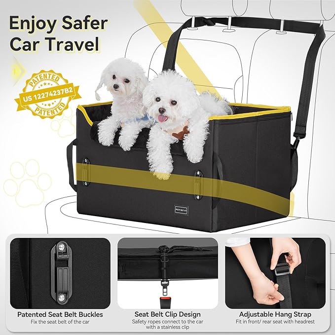 PETSFIT Dog Booster Car Seat, Dog Car Seats for Medium Sized Dogs or 2 Small Pets with 2 Safety Leashes and Patented Buckles, Carseat for Dogs with Storage Pockets for Pets Under 45Lbs (Black)