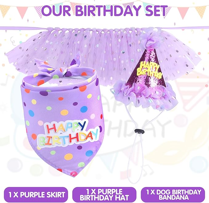 SCENEREAL Dog Birthday Bandana with Hat and Dress Girl Set, Puppy Birthday Party Supplies, Cute Tutu Skirt Outfit for Small Medium Large Dogs