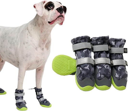 Spark Paws Dog Shoes, Waterproof Dog Boots for Medium to Large Dogs, Non Slip, Breathable Dog Booties and Paw Protectors - 4PCS Doggie Hiking Boots with Reflective Straps, Gray Camo, Size 6
