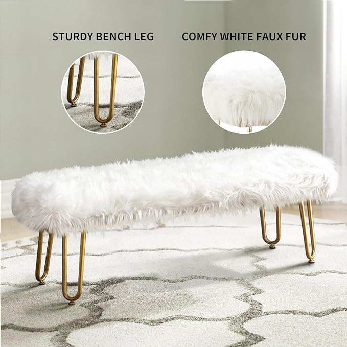 42.5Inch White Bedroom Bench, Benches for Bedroom White Faux Fur Upholstered Bed end Bench, Tufting Bench Indoor Bench with Metal Legs for Living Room Bedroom Dining Room Entryway