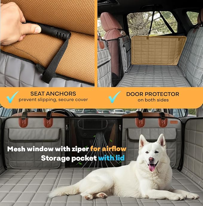 APetsPlanet Dog Car Seat Cover for Back Seat Hard Bottom - Waterproof Backseat Extender for Dogs - Pet Hammock Bed for Car, Truck, SUV with Mesh Window & Storage - Gray Leather, with Door Covers