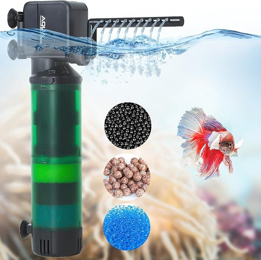 Oiibo 3-in-1 Adjustable Aquarium Filter for 40-150 Gallon, Internal Ceramic Balls&Bio-Sponges Power Water Filter with Air Tube, Silent Submersible Filter, 320GPH (Filter)