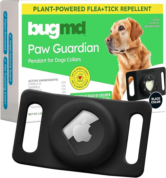 BugMD Paw Guardian Flea and Tick Prevention Pendant for Dogs with AirTag Holder | Plant-Powered Flea & Tick Control for Dog Collars Harnesses | Dog Tag with Air Tag Holder - Black