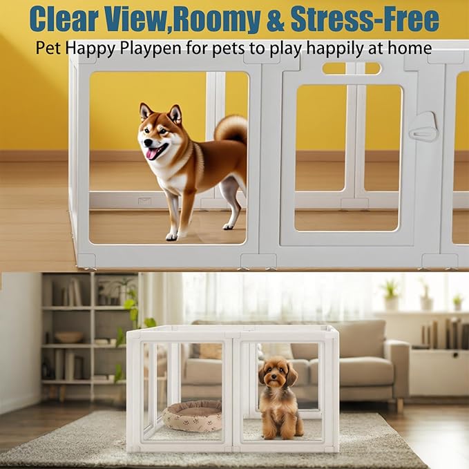Clear Acrylic Dog Playpen Transparent Dog Playpens Indoor, Small Pet Play Pen for Small Dogs, Puppies, Cats & Rabbits, Assemble & Disassemble, with Door & Suction Cups (23.6" H, 12PCS),White