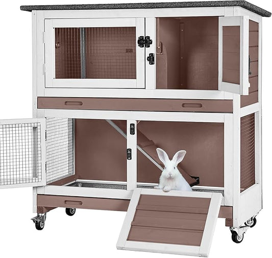 Rabbit Hutch Indoor Outdoor, Bunny Cage with Casters, Guinea Pig Cage Bunny Hutch with Two Plastic Trays 36inch-Brown