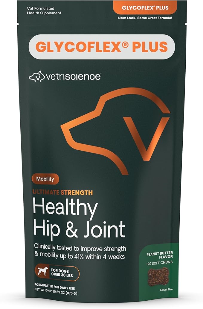 VetriScience Ultimate Strength Healthy Hip & Joint Chews, GlycoFlex Glucosamine, Chondroitin & Green-Lipped Mussel Joint Support Supplement for Dogs, Soothe Joint Discomfort, Peanut Butter, 120 Count