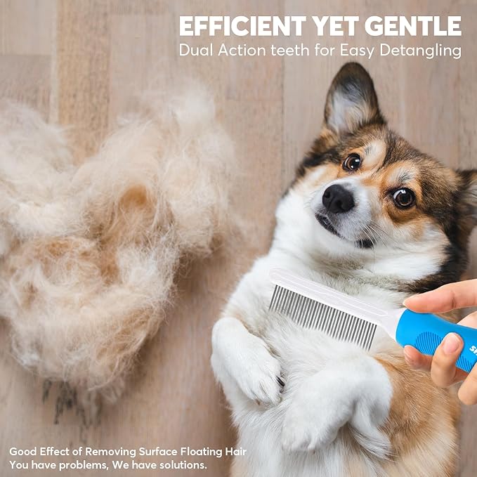 Detangling Pet Grooming Comb for Dogs & Cats with Long & Short Stainless Steel Metal Teeth for Removing Tangles and Knots - Dematting Brush to Detangle Matted Hair