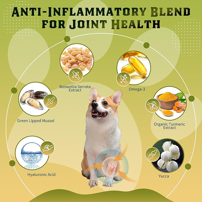 Glucosamine for Dogs, Hip and Joint Supplement for Dogs with Chicken Flavor, Anti Inflammatory, Dog's Chondroitin, Digestive Enzymes, Omega-3, Vitamin D, MSM, Calcium, Turmeric, 120 Freeze-Dried Chews