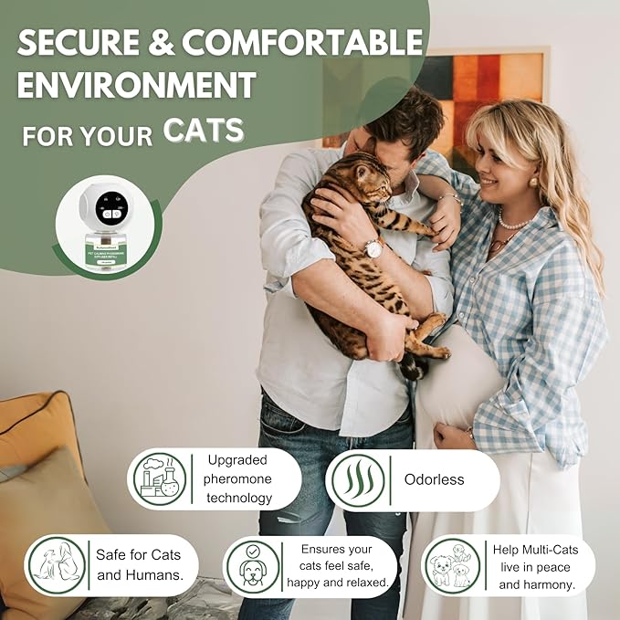 Cat Calming Pheromones Diffuser Kit with Timer – 2 Plug-Ins + 4 Refills (48ml) – 4-Level Timing – Stress Relief for Cats – Helps with Hiding, Scratching, Urine Marking, Travel, Vet Visits