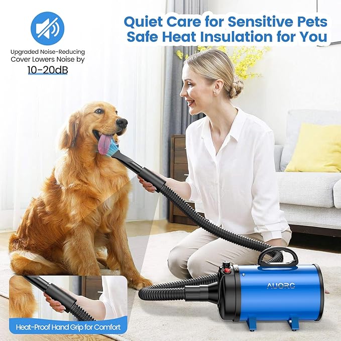 Dog Dryer, 5.2HP/3800W High Velocity Dog Hair Dryer with 4 Nozzles, Stepless Adjustable Speed & Temperature Control, Low Noise Professional Dog Grooming Dryer (Blue)