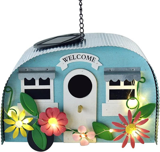 BAYN Bird Houses for Outside Decorative with 10 LEDs Solar String Lights Humming Bird Houses for Outside Hanging Handwork Bird Nest Garden Decor Outdoor