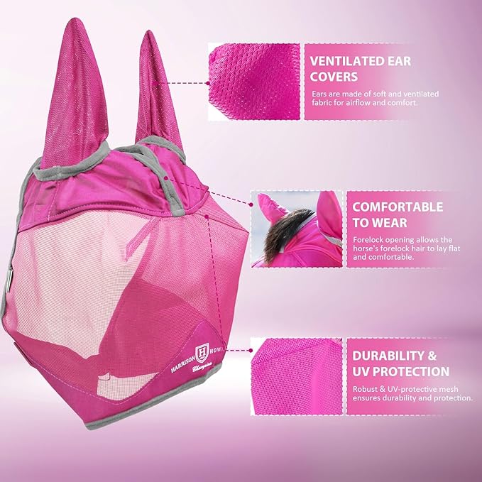 Harrison Howard UV-proof Multi-Function Fabrics Thick Fleece Padding Horse Fly Mask Half Face with Ears Magenta Horse Large