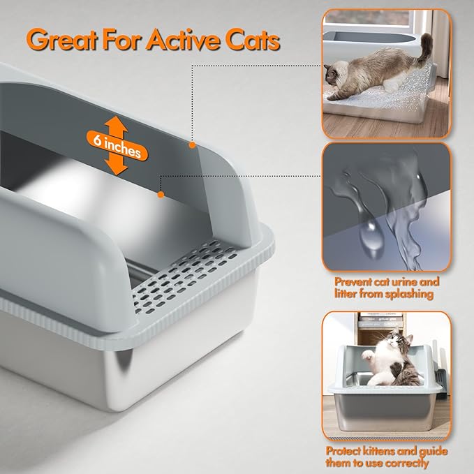 Stainless Steel Cat Litter Box with Lid, 24" L x 16" W x 11.8" H, Large Cat Litter Box for Multiple Cats with High Sided, No-Leak & Stick, Easy to Clean, Includes Litter Mat & Multi Functional Scoop