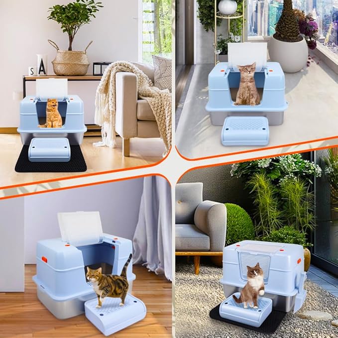 Vivifying Stainless Steel Litter Box with Lid, XL Side Entry Extra Large Litter Box for Big Cats & Kitty, Removable Enclosed Metal Cat Pan with High Sided Enclosure, Scoop, Mat, Footboard (Blue)