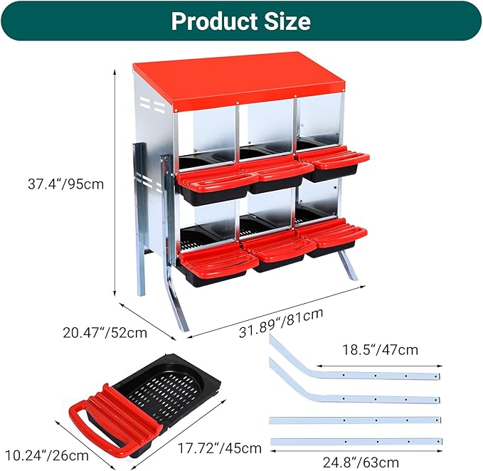 Nesting Boxes for Chickens, Chickens Laying Boxes for Chicken Coop with Legs, 6 Compartments Chicken Nesting Boxes, with Removable Tray, Easy Cleaning, for Hens Outdoor Chicken Coop Farm Yard, Red