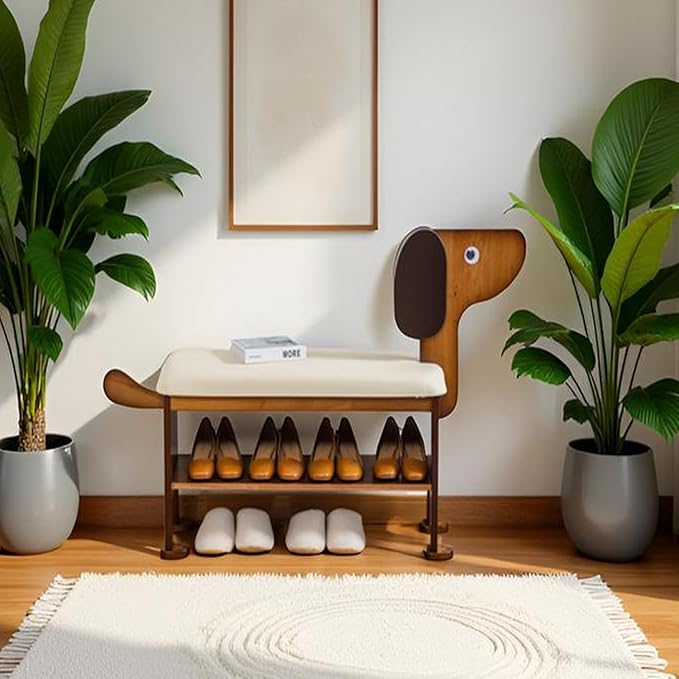 latifolia Puppy Shoe Bench, 2-Tier Solid Wood Entryway Organizer, Cute Pet-Shaped Shoe Bench for Hallway & Living Room,(31.50 inch)