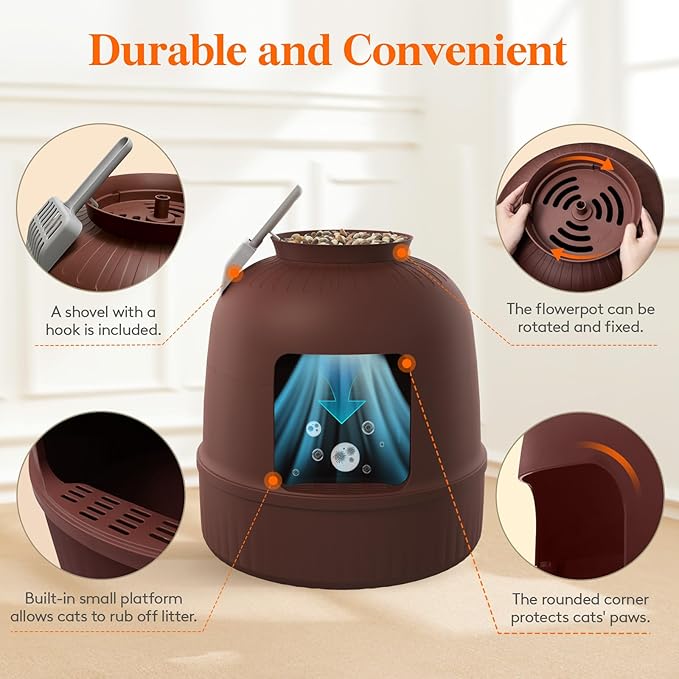 Lifewit Litter Box with Faux Plant & Scoop for Large Cat, Hidden Corner Enclosure Litter Tray with Odor Control & Carbon Filter in Living Room/Bedroom/Bathroom, Brown