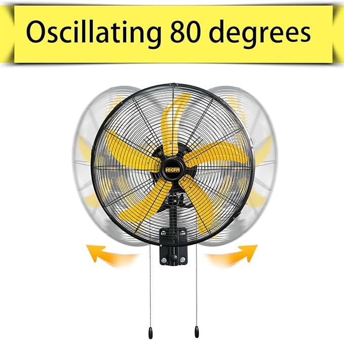 HiCFM 20" Oscillating Wall Mount Fan, 5000 CFM High Velocity Industrial Wall Mounted Heavy Duty Shop Fans with 3 Speed Settings 80° Oscillation for Commercial Garage Warehouse workshops Factory