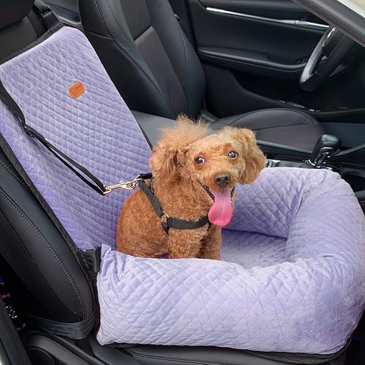 Dog Car Seat for Small Medium Dogs Up to 40lbs, Detachable Washable Soft Pet Booster Travel Bed for Front & Purple Seat with Safety Leash Belt