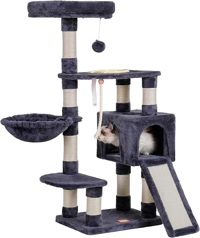 Heybly Cat Tree, Cat Tower for Indoor Cats with Scratching Board, Multi-Level Cat Furniture Condo with Feeding Bowl Smoky Gray HCT010SG