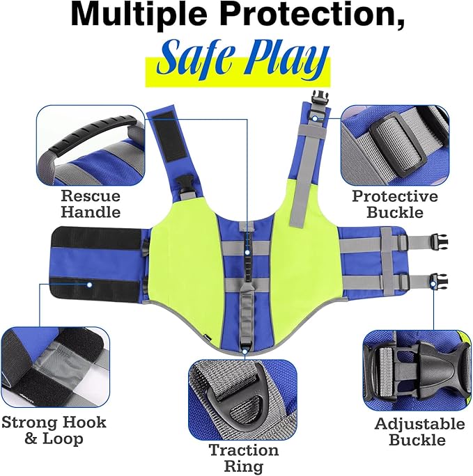Pawaboo Reflective Dog Life Jacket, Dog Safety Vest Adjustable Pet Life Preserver with Strong Buoyancy & Sturdy Rescue Handle, Dogs Lifesaver Vests for Boating, Swimming, L, Bright Yellow