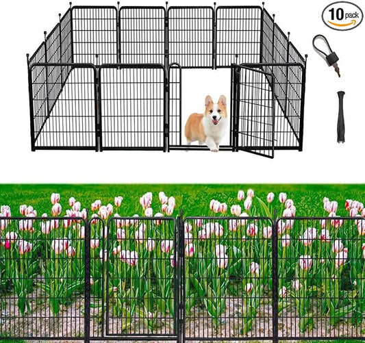 Tall Garden Fences and Borders for Dogs, 4.6ft High Dog Fence, 10 Panels Total 22.1Ft Long, Gate 21 inches Wide with Low Sills, Animal Barrier Fence, Metal Fence Panels, Flower Bed Fencing