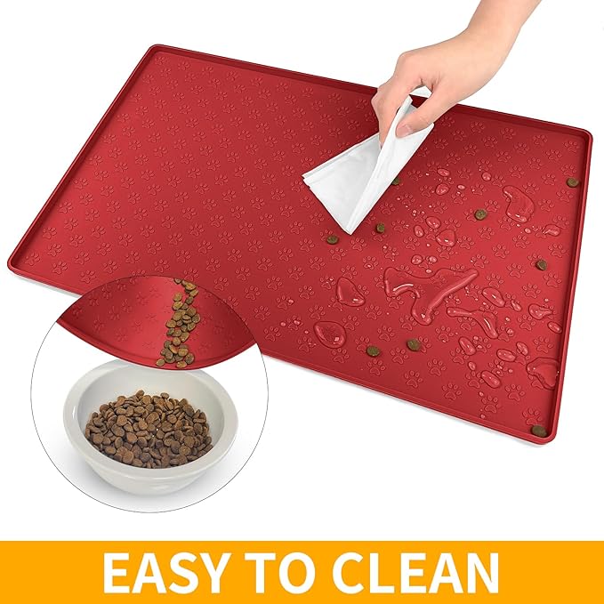 Ptlom Dog Food Mat Anti-Slip Pet Bowl Mats for Food and Water, High-Lips Pet Placemat Prevent Messy Spills to Floor, Waterproof Puppy Feeding Tray for Small, Medium Large Dogs Cats, Silicone