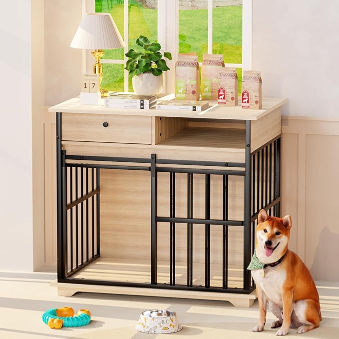 35.5" Dog Crate Furniture, Wooden Dog Crate Furniture for Medium Small Dogs, Wooden Dog Kennel End Table with Drawer and Open Shelves, Sliding Door Dog Kennel Furniture