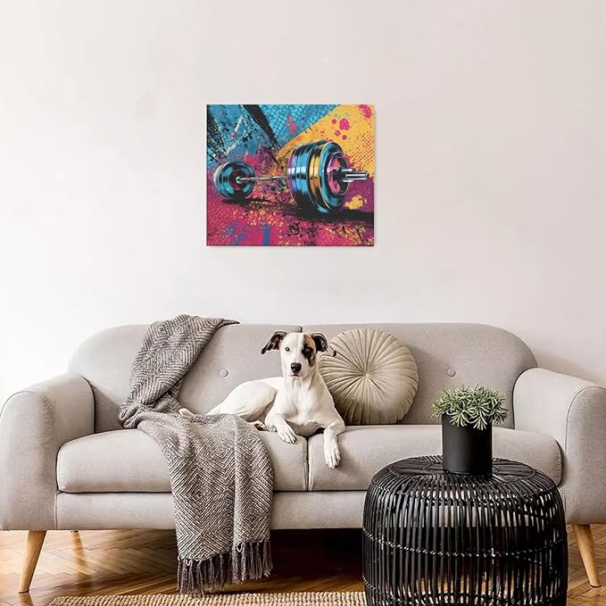 Gym Wall Art Weightlifting Fitness Canvas Wall Decor Barbell Sports Training Pictures Painting Banksy Street Graffiti Print Artwork Framed Decorations Gifts for Sports Lovers Gym Living Room Bedroom 20"x24"