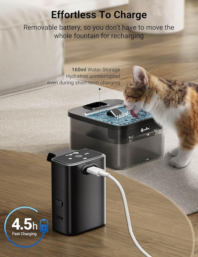 DownyPaws Battery Operated Cat Water Fountain, 84oz/2.5L Fursink Wireless Cat Waterer Fountain with Motion Sensor, BPA-Free, Black with 6 Filters