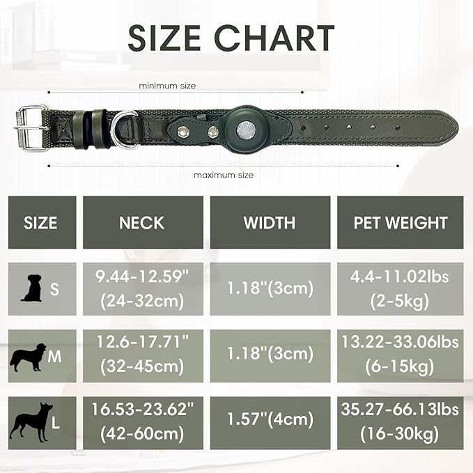 AirTag Dog Collar Soft Leather Webbing Dog Collar for AirTag Provides Double Protection for Small Medium and Large Dogs(Blue,L)