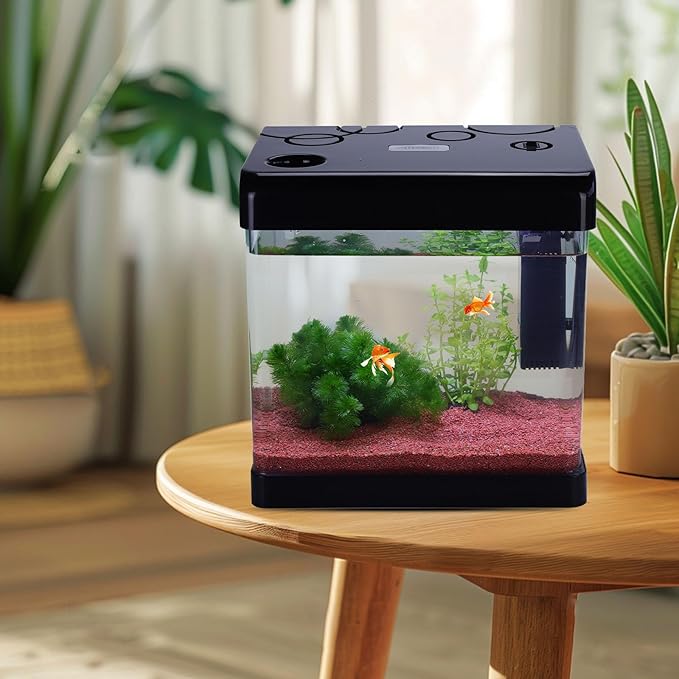 Betta Fish Tank Starter Kits, 5 Gallon Fish Tank with Heater Filter and Light, Self-Cleaning Small Fish Tank(Black).