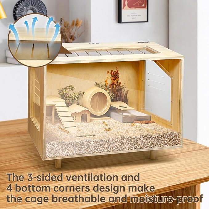 Wooden Hamster Cage - 24 inch Guinea Pig Cage Clear Small Animal cage with Open top Hamster Habitat Wooden Frame with Acrylic Panel