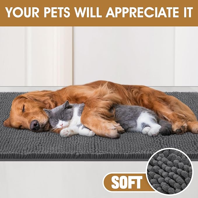 IM HOME 2 Pieces Muddy Door Mats for Dogs, Chenille Absorbent Pet Mats, Quick Dry, Trap Dirt Non Slip Heavy Indoor Doormat Soft Dog Bed Mat Front Inside Door Mat for Indoor Outdoor Entrance,Grey