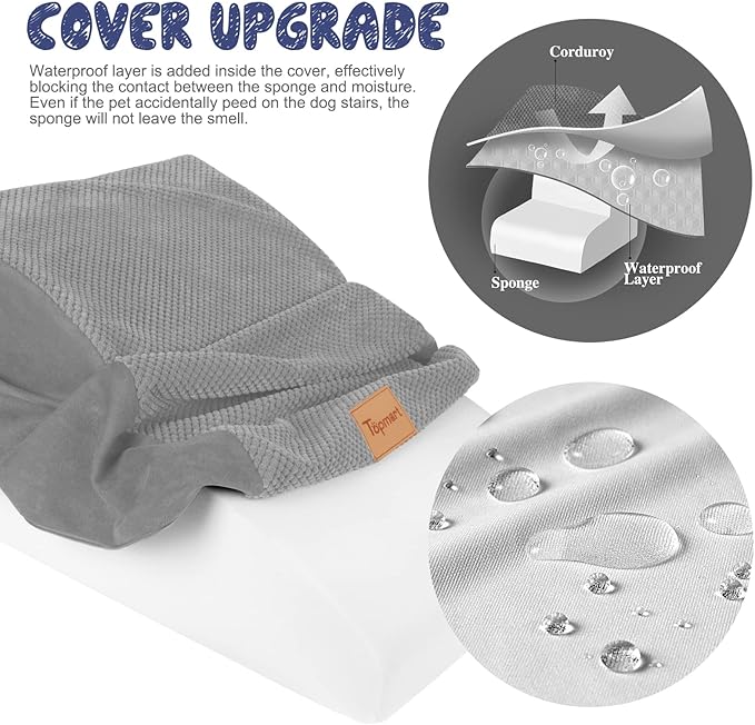 Topmart High Density Extended Foam Dog Ramp&Steps 2 Tiers,11.8" High,Non-Slip Dog Stairs,Soft Foam Pet Ladder with Waterproof Cover,Best for Injured,Older Cats,Pets with Joint Pain