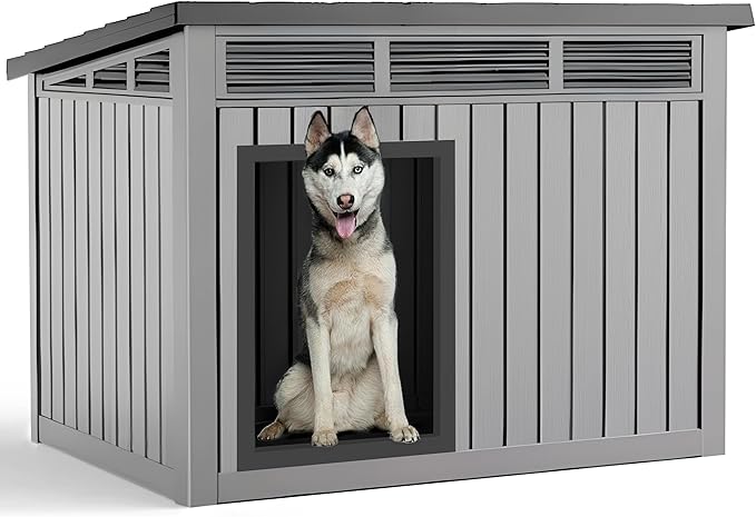 VIXZEN Dog House Indoor Outdoor,Waterproof Dog House for Small to Large Dogs,Doghouse with Air Vents and Elevated Floor,Openable at The Top,Easy to Assemble and Clean,Gray,42.87"×32.95"×31.61"
