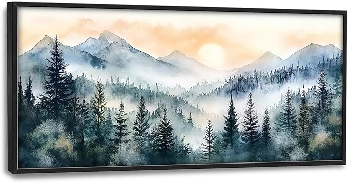 Large Misty Mountain Forest Wall Art for Living Room, Framed Foggy Sunrise Landscape Wall Decor Oversized Watercolor Canvas Painting Modern Artwork Home Decoration for Bedroom Office 60"x30"
