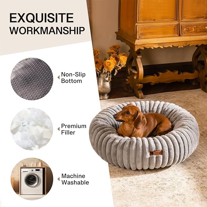MEWOOFUN Cat Bed, Washable Beds for Indoor Cats, Cute Donut Bed Fluffy Pet Bed with Non-Slip Bottom, Calming Round Bed for Puppy and Kitten (Grey)