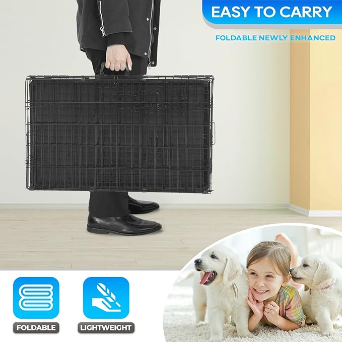 FDW Dog Crate for Small Dogs 18 Inch Folding Metal Wire Pet Cage Double Door W/Divider Panel Indoor Outdoor Kennel Leak-Proof Plastic Tray,Black