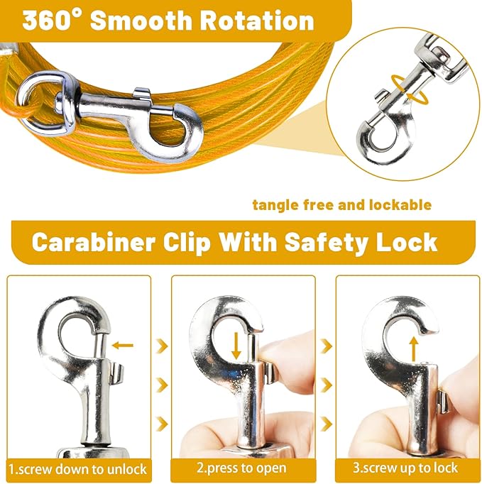 Dog Tie Out Cable 10/15/20/25/30 FT Runner for Yard Steel Wire Cable with Durable Superior Clips Yellow Chains for Outside Dog Lead for Large Up to 165 Lbs