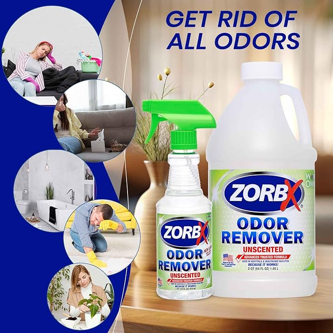 ZORBX Unscented Odor Eliminator for Strong Odor 16 Oz + 64 Oz - Used in Hospitals & Healthcare Facilities - Advanced Trusted Formula, Fast-Acting Odor Remover Spray for Dog, Cat, House & Carpet