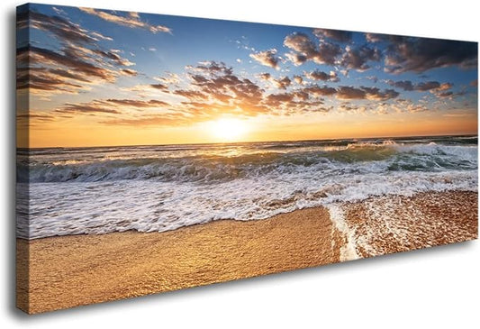 Jiuqinghua Wall Art Decor Large Canvas Print Picture Sunrise over the Sea 1 Panel Ocean Beach Waves Scenery Painting Artwork for Office Wall Decor Home Decoration Stretched and Framed Ready to Hang