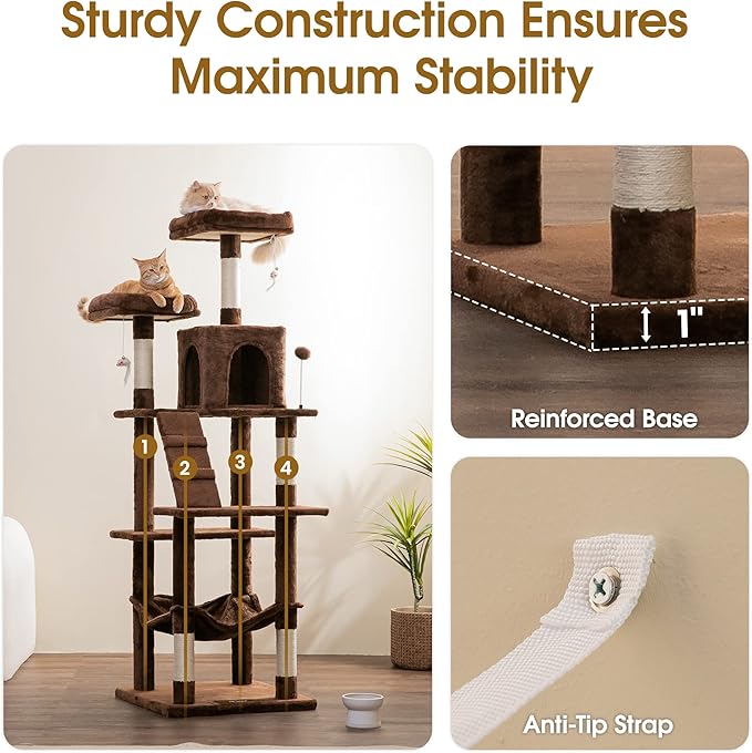 MWPO 70.1-Inch Large Cat Tree, Multi-Level Tall Cat Tower for Indoor Cats, Plush Cat Condo with Big Padded Perches, Sisal-Covered Scratching Posts, Hammock, Toys for Kittens & Cats - Brown