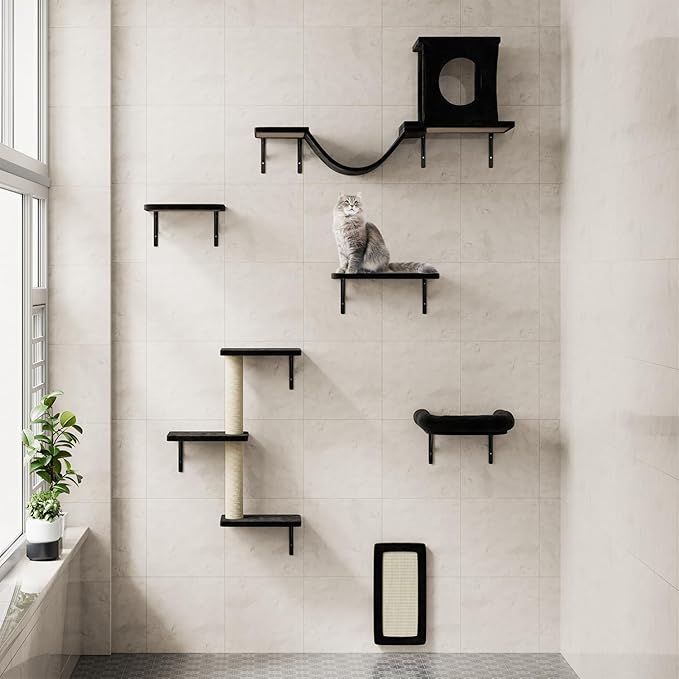 NUNU LAB Cat Wall Shelves, 6 Pcs Luxury Wall-Mounted Cat Climber Set, Indoor Cat Furniture with 1 Condos House, 2 Cat Wall Shelves, 1 Scratching, 1 Bridge Ladder, 1 Scratching Pad, Black