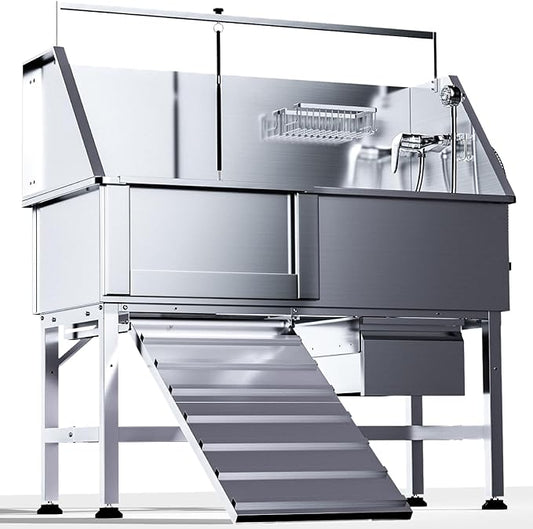 Professional 46" Dog Washing Station, Stainless Steel Dog Bathing Station, Height Adjustable Dog Wash Station, Storage Drawer, Upgrade Parts, Home, Commercial (Left Ramp)