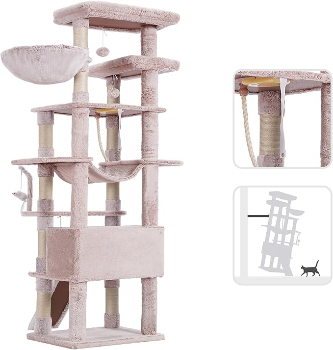 Heybly Tall Cat Tree, 78-inch Multi-Level Cat Tower for Indoor Cats, 2 Widened Plush Perches Cat Condo with Scratching Board and Big Caves, Muchroom HCT033MU