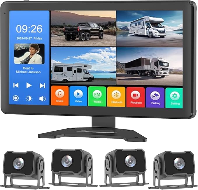 4 Channel 1080p HD Backup Camera System with 10.2" Touchscreen Monitor, DVR Recording/Playback, Bluetooth, FM Radio & Media Player for Trucks, Semis, RVs, Trailers, Vans, SUVs, Cars